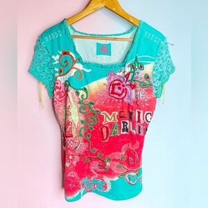 Double D Ranch Turquoise & Coral Embroidered Crochet Short Sleeve Beaded Tee